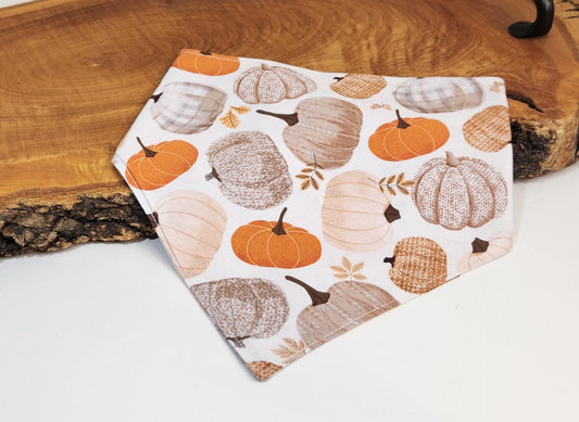 Fall Pumpkin Dog Bandana: Reversible Cotton Scarf, Plaid Leaves (Optional Scrunchie)