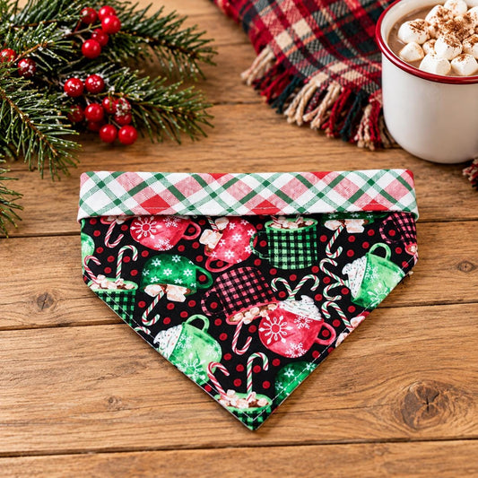 Christmas Cocoa Dog Bandana: Hot Chocolate Cotton Pet Scarf, Over-the-Collar or Snap, Matching Scrunchies