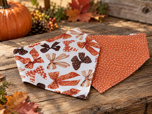 Fall Bow Dog Bandana: Rust Orange Bow Print, W Clip Style