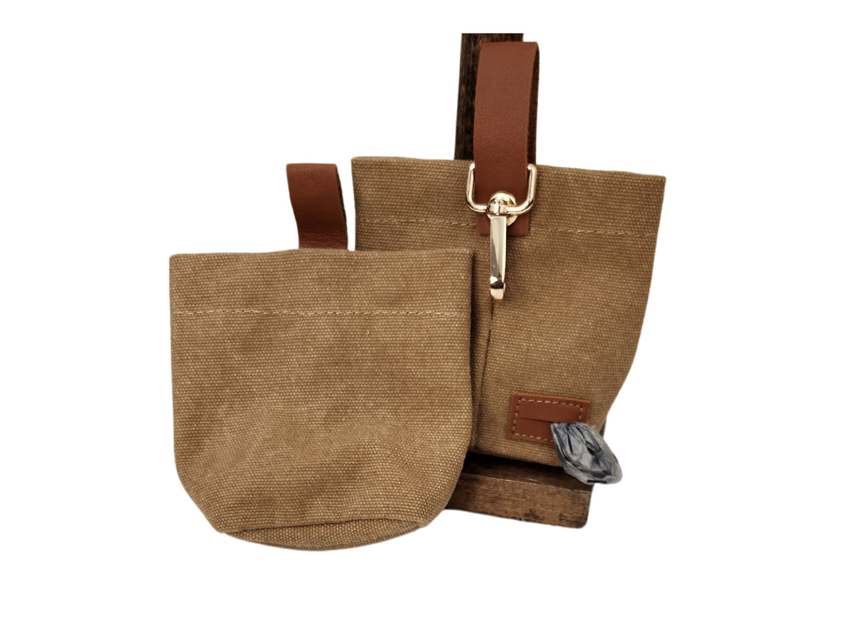 Canvas Dog Treat Bag with Poop Bag Dispenser: Leather Trim, Weather Resistant