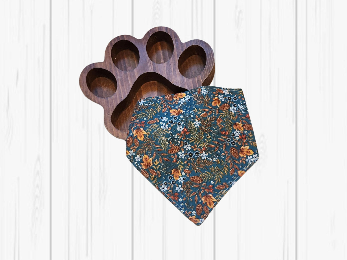 Teal Floral Dog Bandana: Fall Leaves, Pinecones, Clip-On or Over Collar