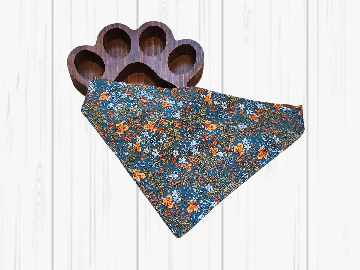 Teal Floral Dog Bandana: Fall Leaves, Pinecones, Clip-On or Over Collar