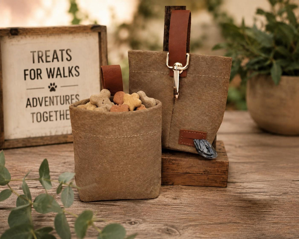 Canvas Dog Treat Bag with Poop Bag Dispenser: Leather Trim, Weather Resistant