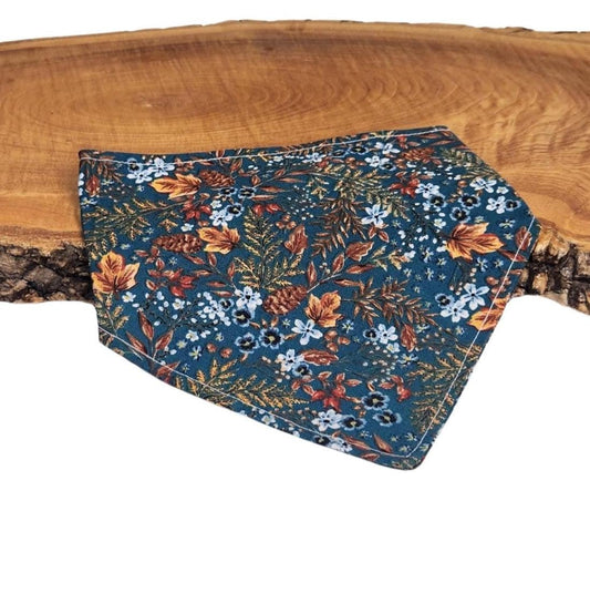 Teal Floral Dog Bandana: Fall Leaves, Pinecones, Clip-On or Over Collar
