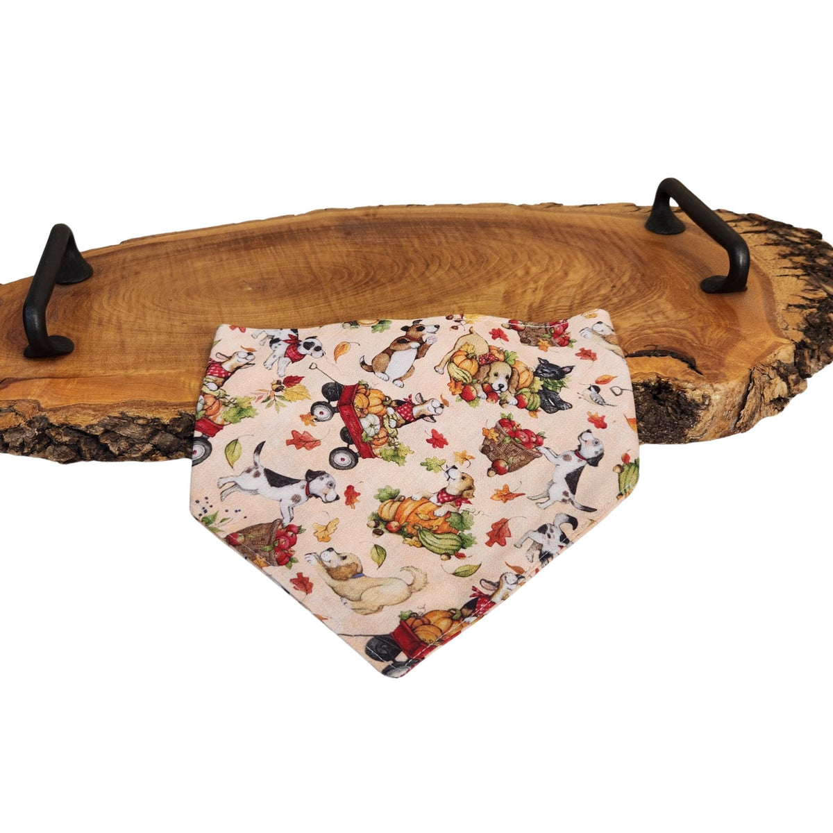 Fall Dog Bandana: Reversible Cotton Fabric, Dog in Baskets Print (Optional Scrunchie)