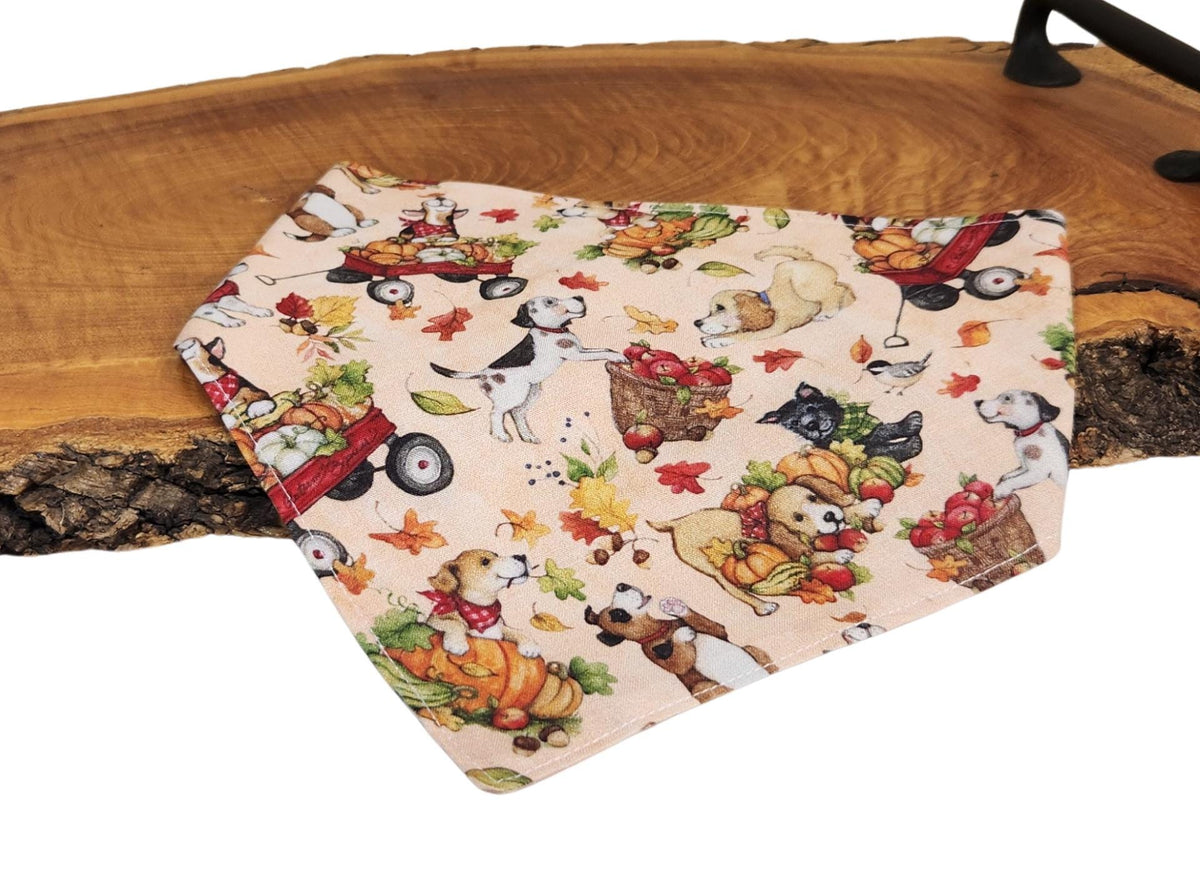 Fall Dog Bandana: Reversible Cotton Fabric, Dog in Baskets Print (Optional Scrunchie)