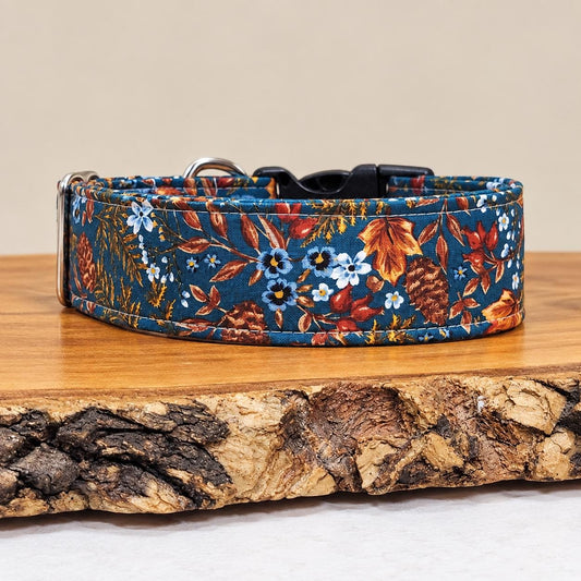 Teal Fall Dog Collar: Floral & Pinecone Design, Handmade Nylon Webbing