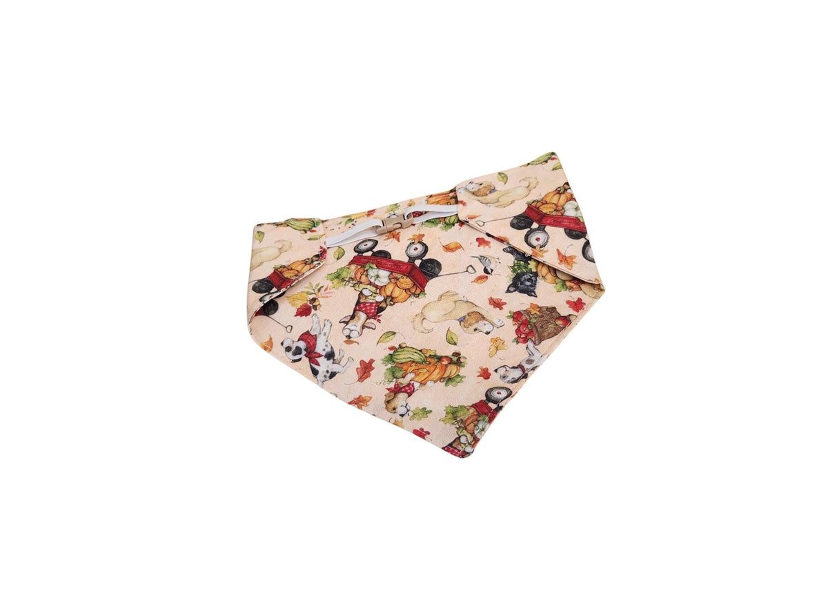 Fall Dog Bandana: Reversible Cotton Fabric, Dog in Baskets Print (Optional Scrunchie)