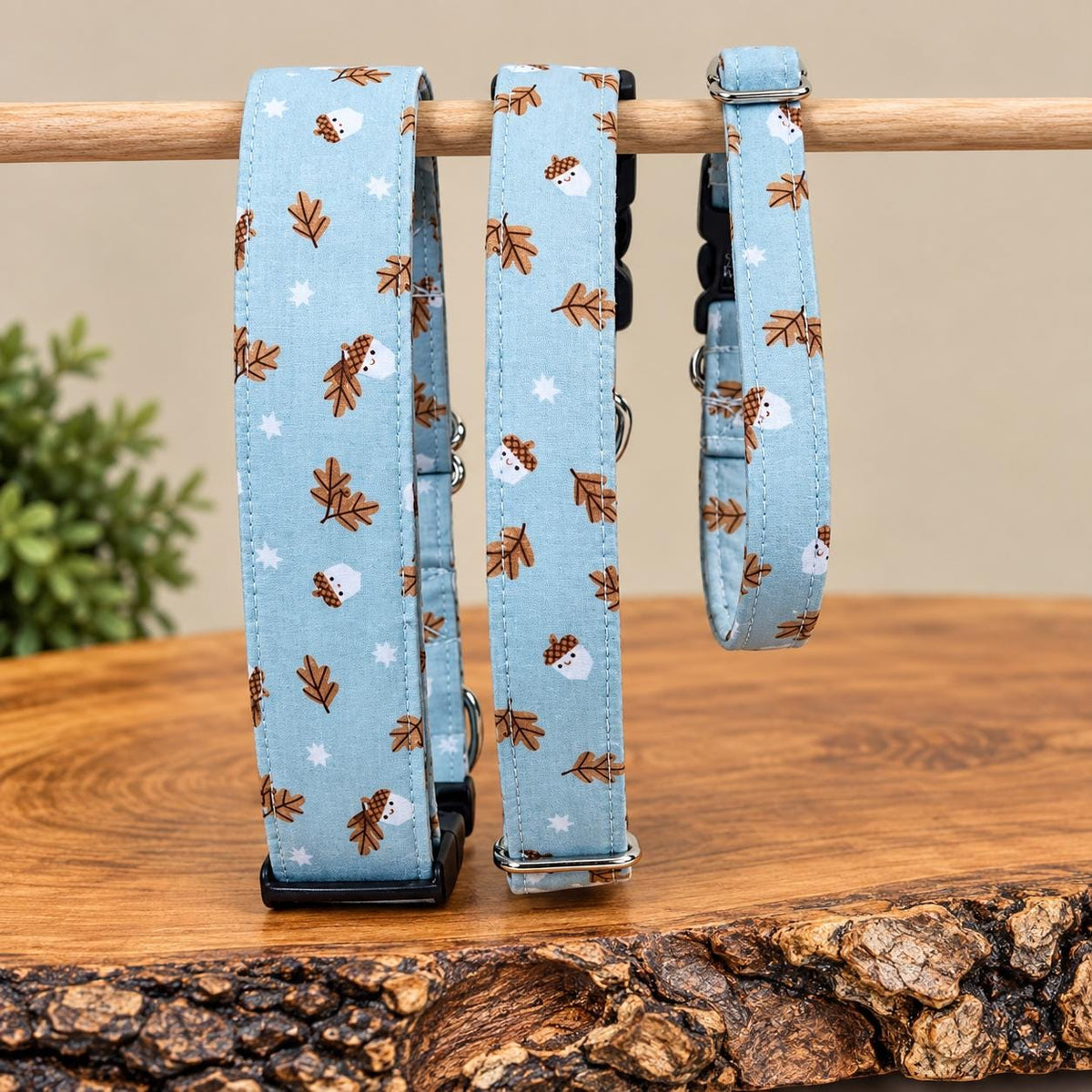 Acorn Fall Dog Collar: Floral & Pinecone Acorn with Fall Leaves on Light Blue Background, Handmade, Bows