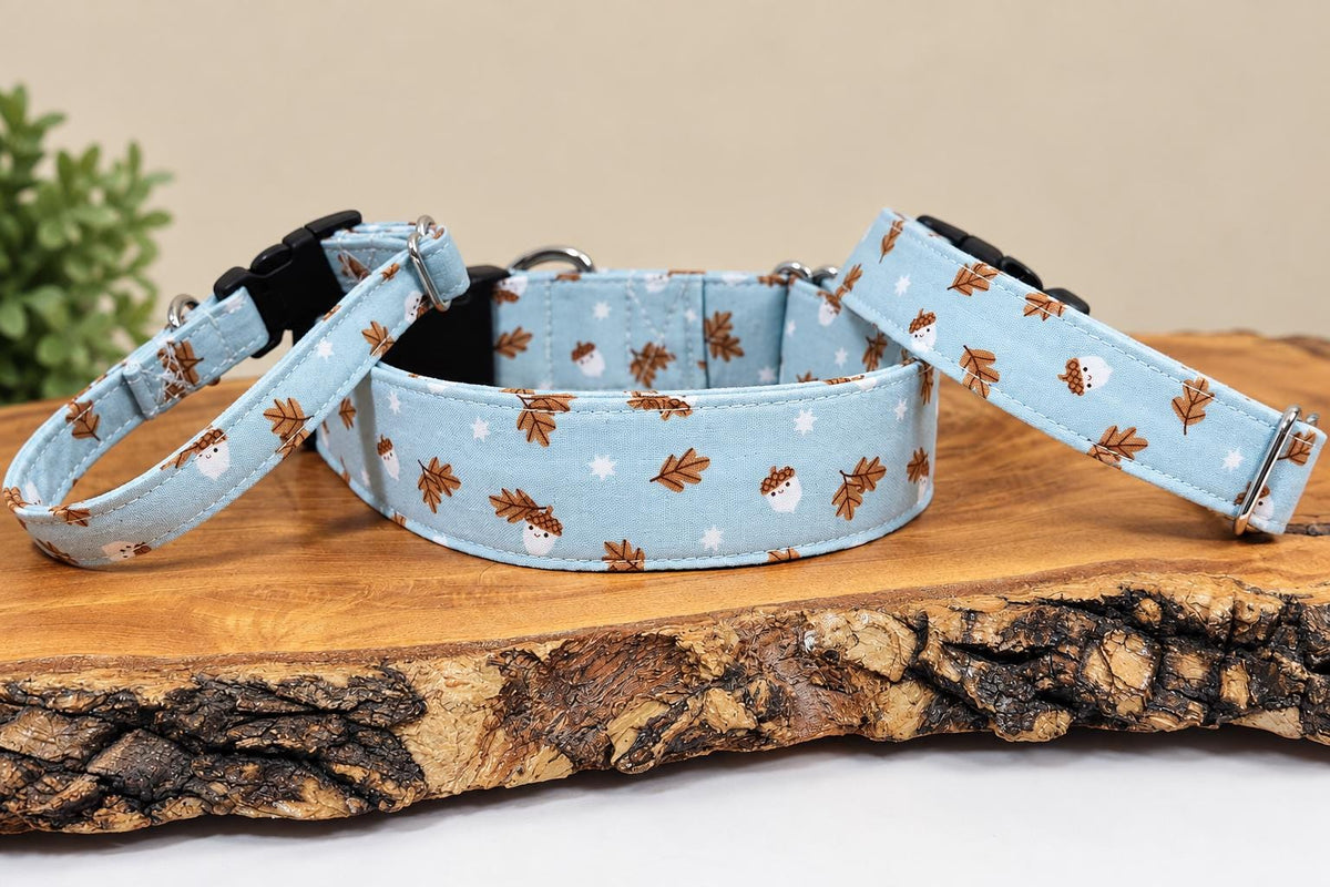 Acorn Fall Dog Collar: Floral & Pinecone Acorn with Fall Leaves on Light Blue Background, Handmade, Bows
