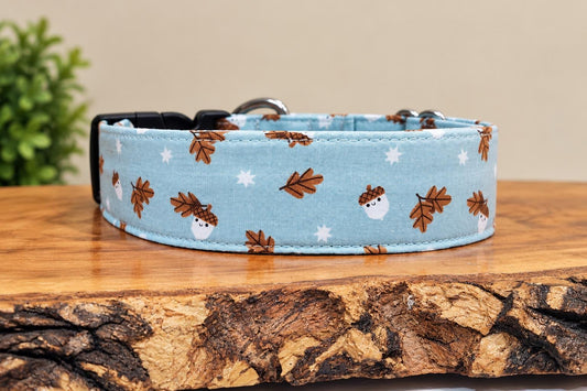 Acorn Fall Dog Collar: Floral & Pinecone Acorn with Fall Leaves on Light Blue Background, Handmade, Bows