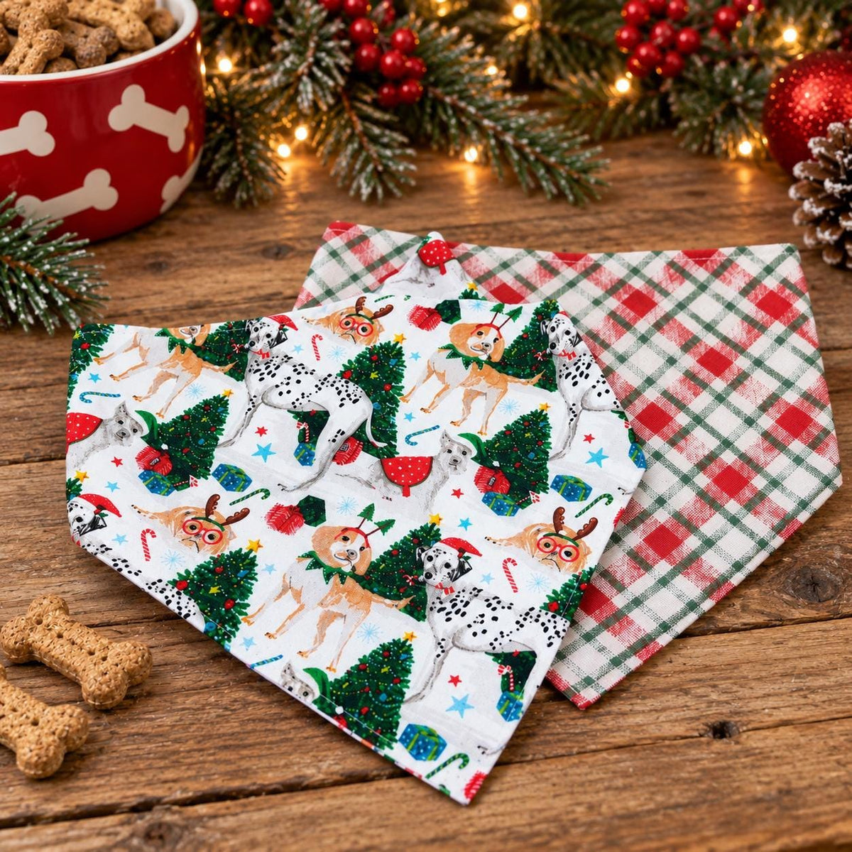 Christmas Dog Bandana: Christmas Trees Reversible Cotton Pet Scarf, Dogs with Glasses (Over-the-Collar or W-Clip)