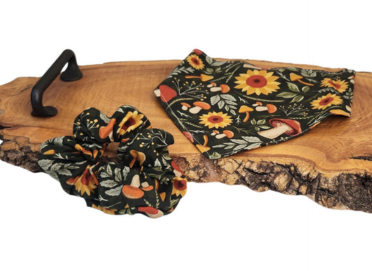 Mushroom Sunflower Dog Bandana: Reversible Cotton Scarf (Fall Pet Accessory)