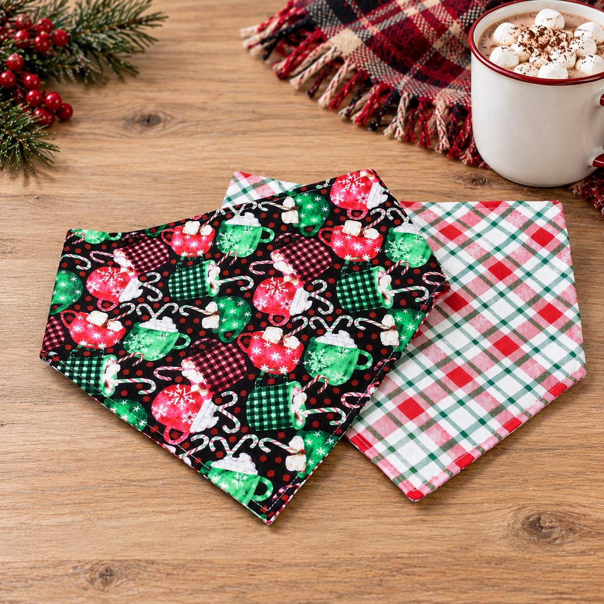 Christmas Cocoa Dog Bandana: Hot Chocolate Cotton Pet Scarf, Over-the-Collar or Snap, Matching Scrunchies