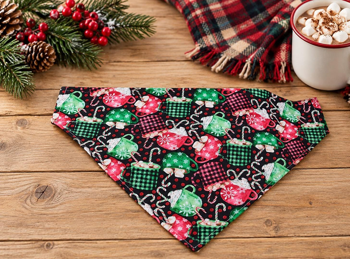 Christmas Cocoa Dog Bandana: Hot Chocolate Cotton Pet Scarf, Over-the-Collar or Snap, Matching Scrunchies