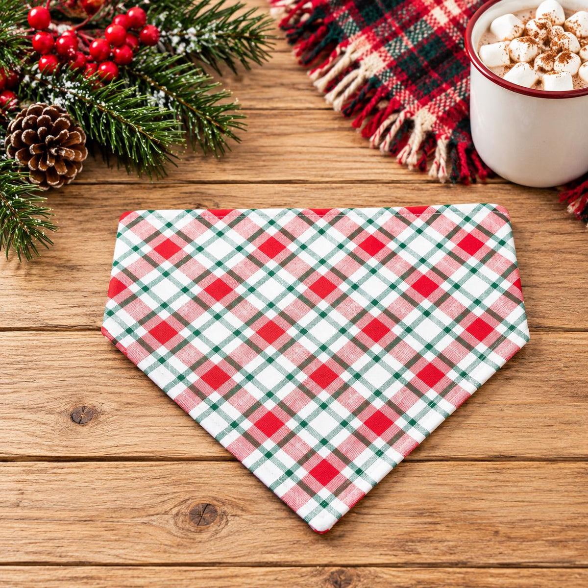 Christmas Cocoa Dog Bandana: Hot Chocolate Cotton Pet Scarf, Over-the-Collar or Snap, Matching Scrunchies