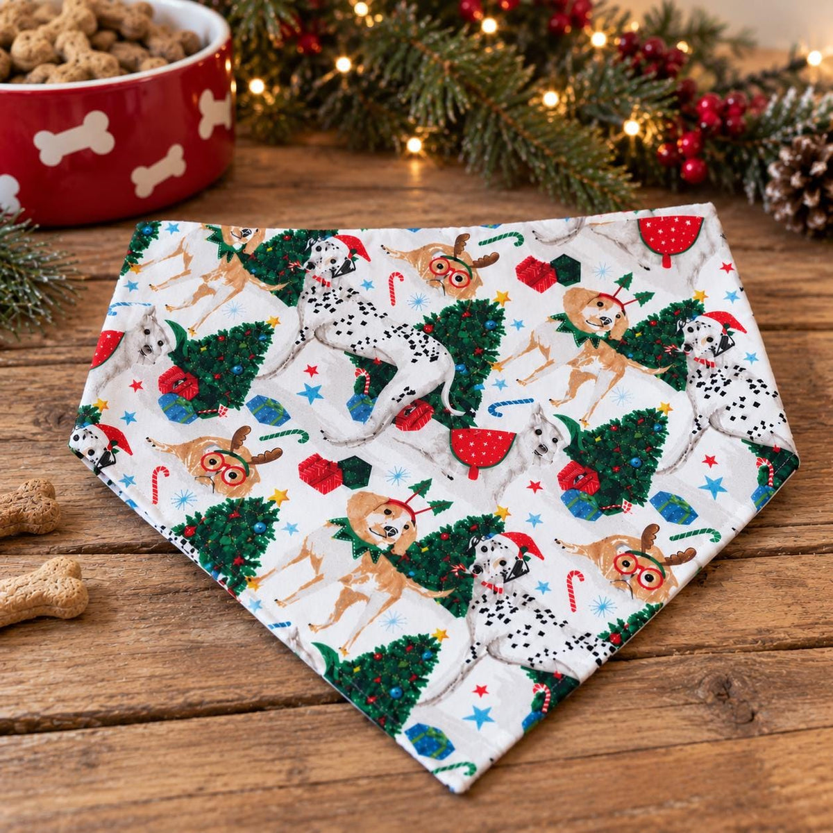 Christmas Dog Bandana: Christmas Trees Reversible Cotton Pet Scarf, Dogs with Glasses (Over-the-Collar or W-Clip)