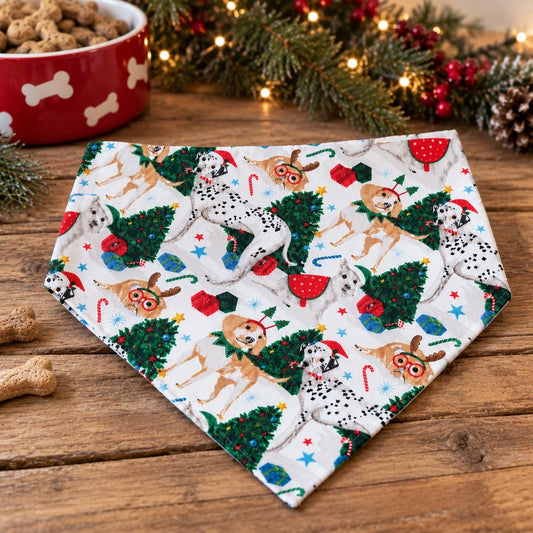 Christmas Dog Bandana: Christmas Trees Reversible Cotton Pet Scarf, Dogs with Glasses (Over-the-Collar or W-Clip)