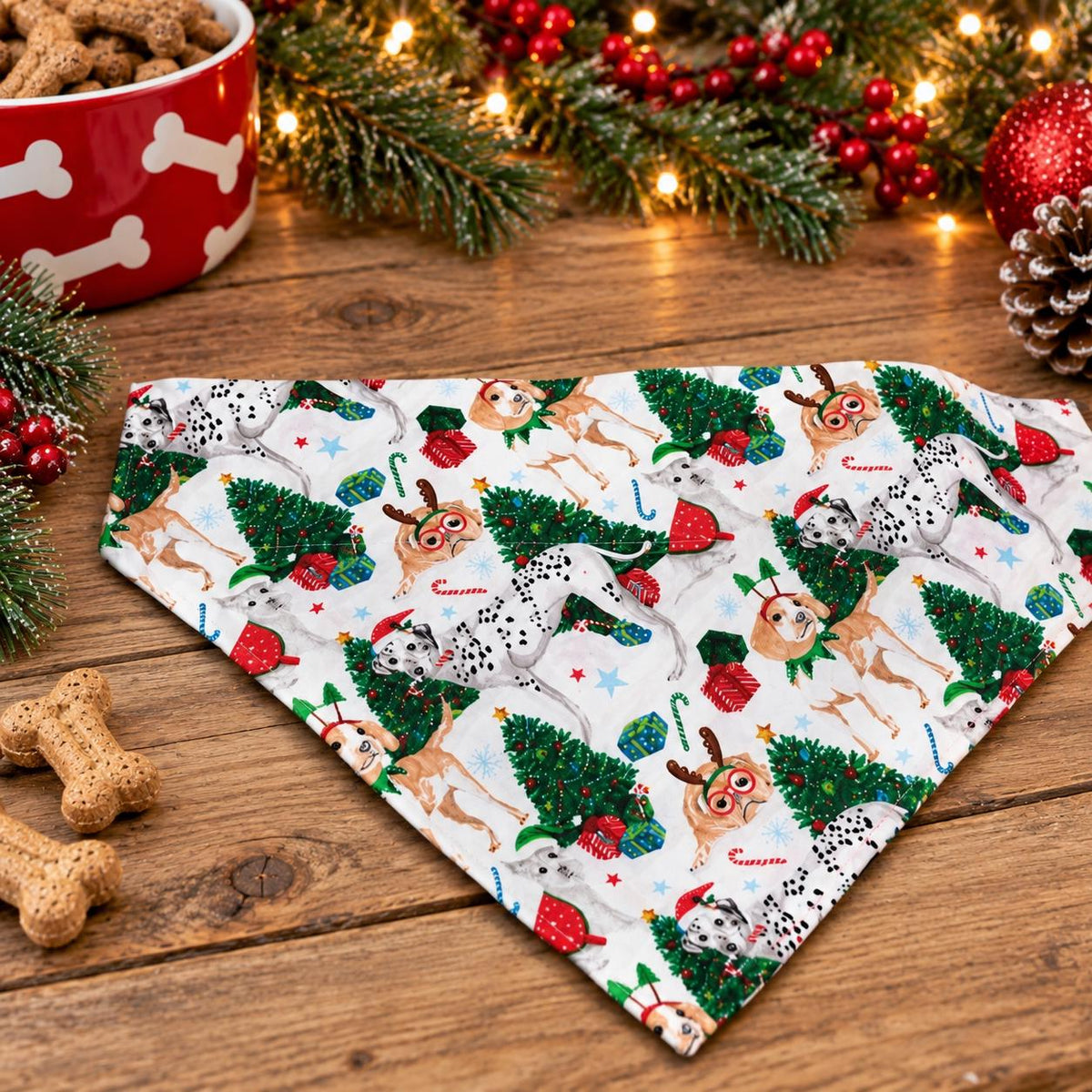 Christmas Dog Bandana: Christmas Trees Reversible Cotton Pet Scarf, Dogs with Glasses (Over-the-Collar or W-Clip)