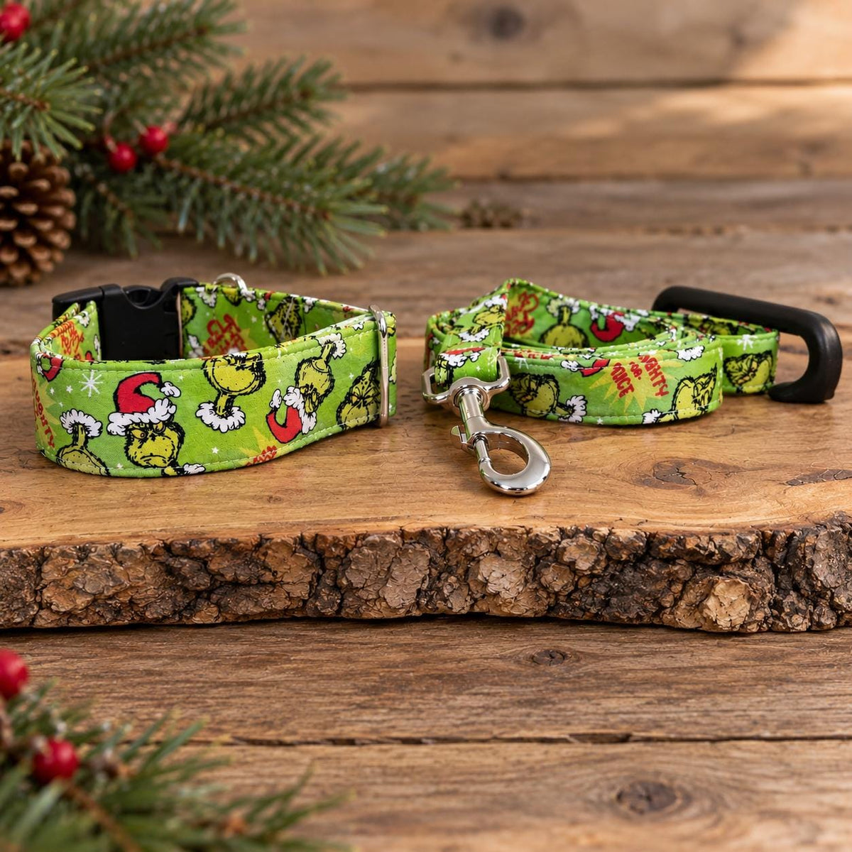 Grinch Christmas Dog Collar, Leash and Bows Options