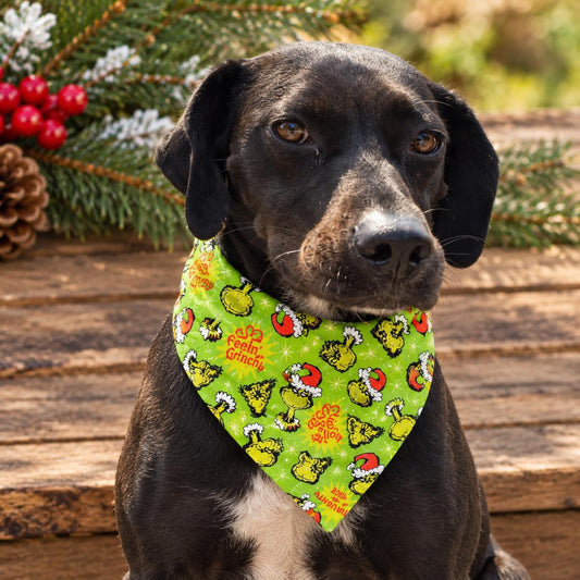 Christmas Grinch Bandana: Grinch Cotton Pet Scarf, Over-the-Collar or Snap, Matching Scrunchies (3 Different Patterns)