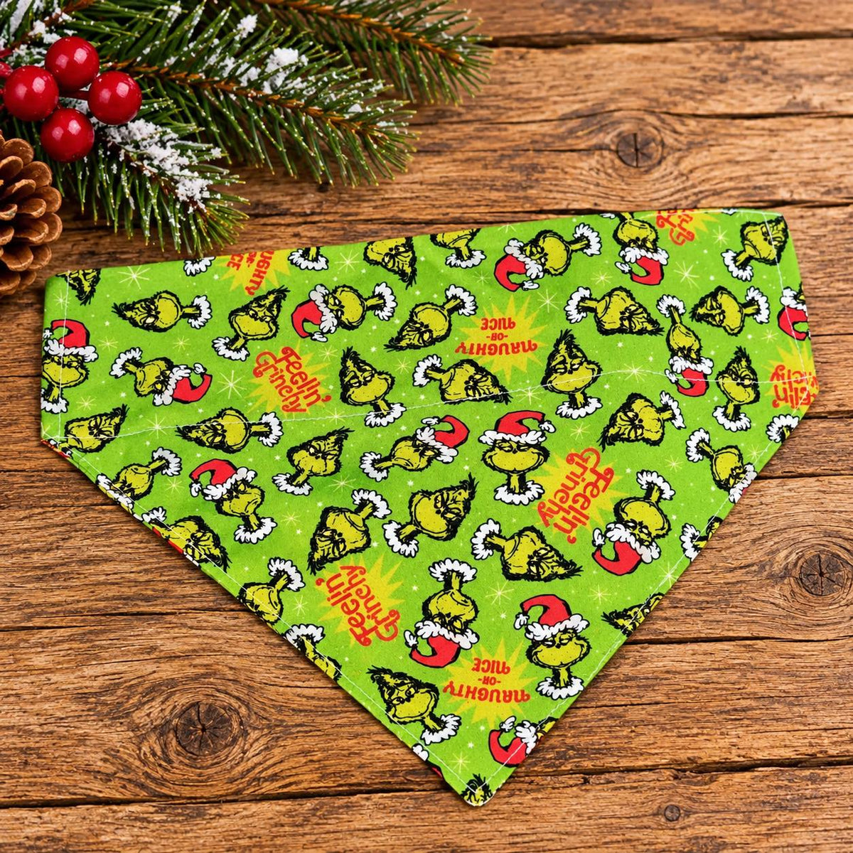 Christmas Grinch Bandana: Grinch Cotton Pet Scarf, Over-the-Collar or Snap, Matching Scrunchies (3 Different Patterns)