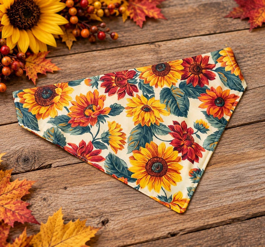 Sunflower Dog Bandana: Fall Colors Reversible Cotton Pet Scarf (Optional Scrunchie)