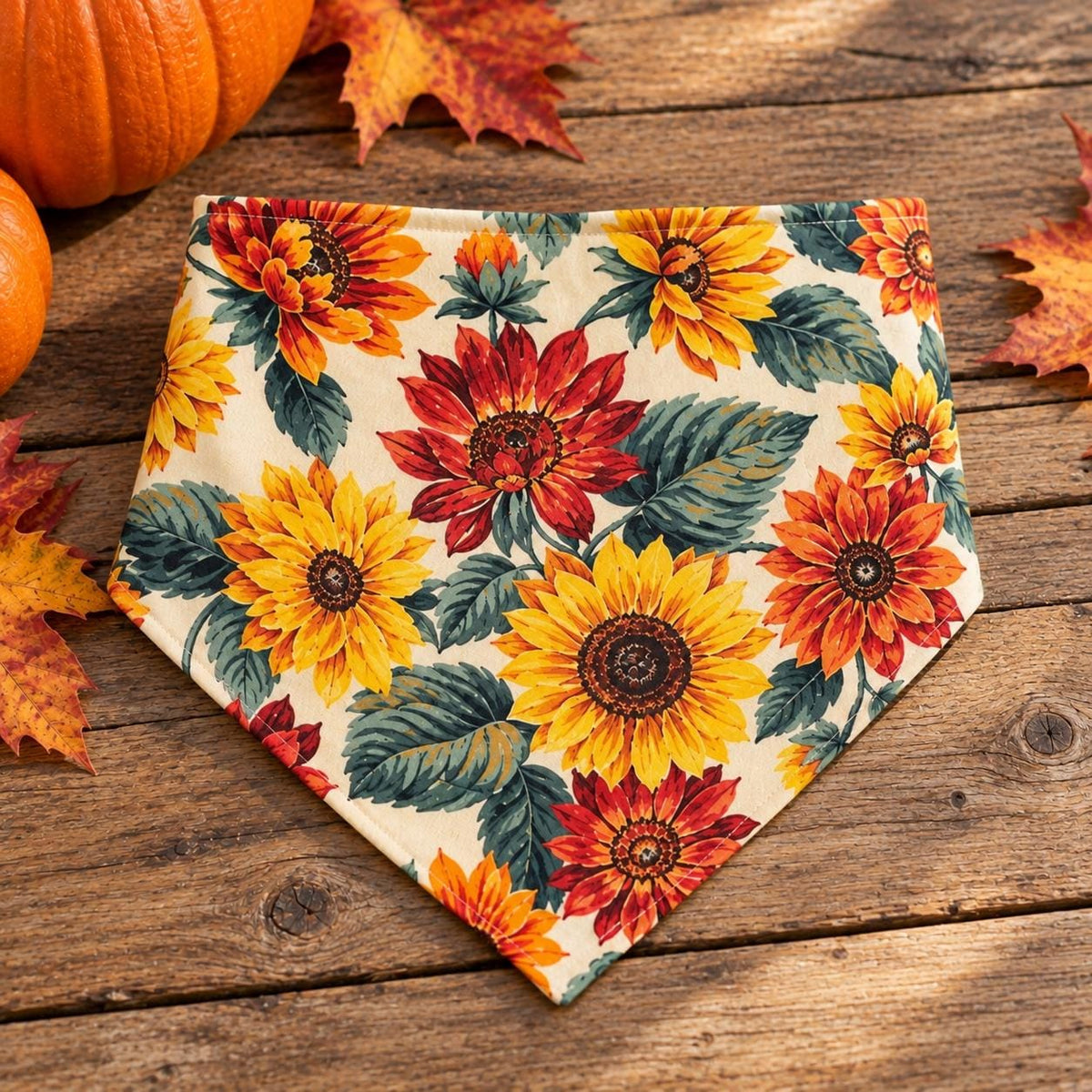 Sunflower Dog Bandana: Fall Colors Reversible Cotton Pet Scarf (Optional Scrunchie)