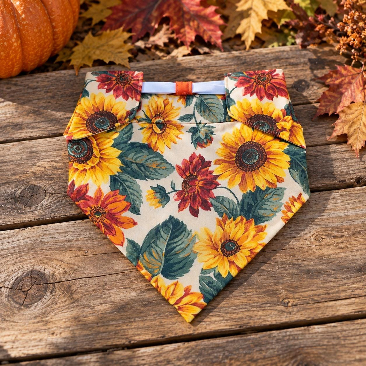 Sunflower Dog Bandana: Fall Colors Reversible Cotton Pet Scarf (Optional Scrunchie)