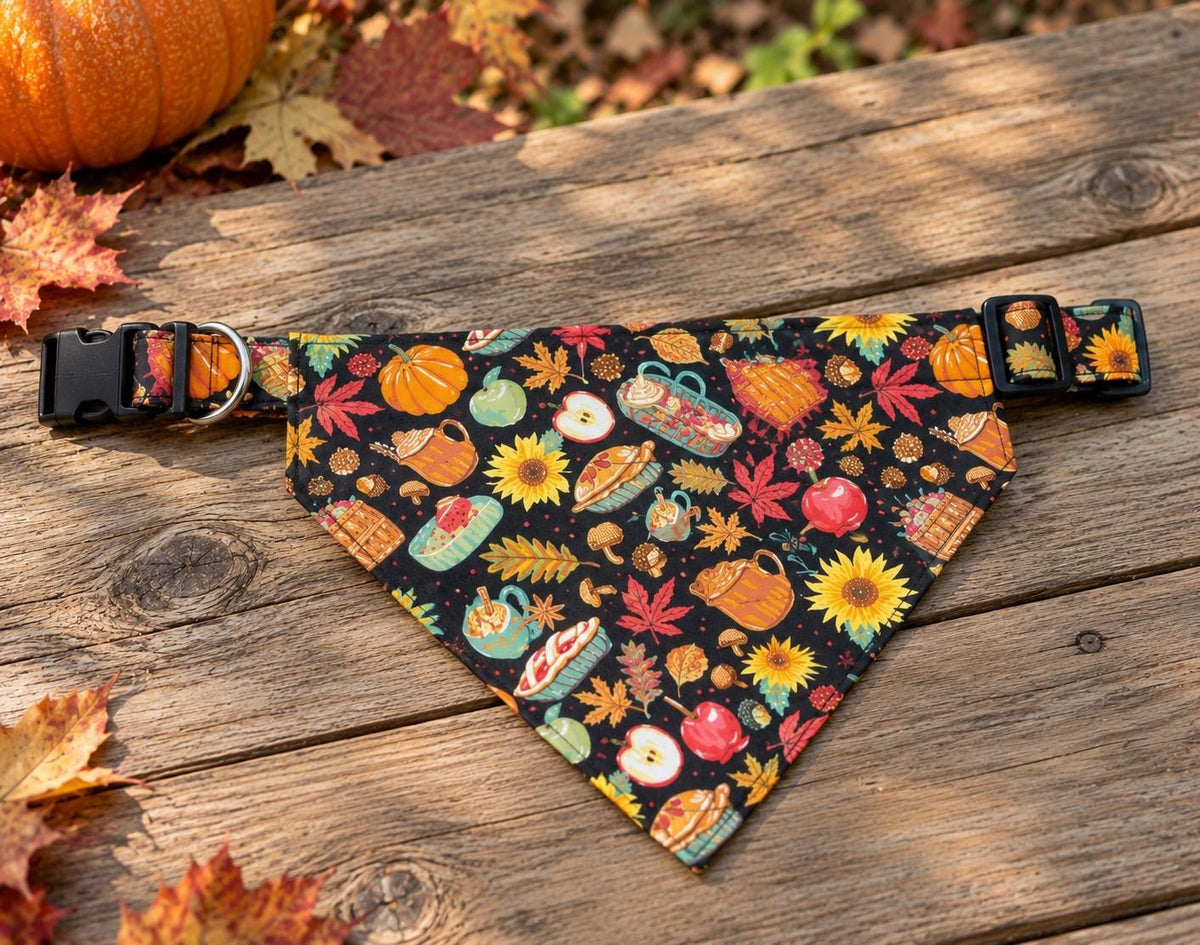 Fall Dog Bandana: Reversible Cotton Pet Scarf (Optional Scrunchie)