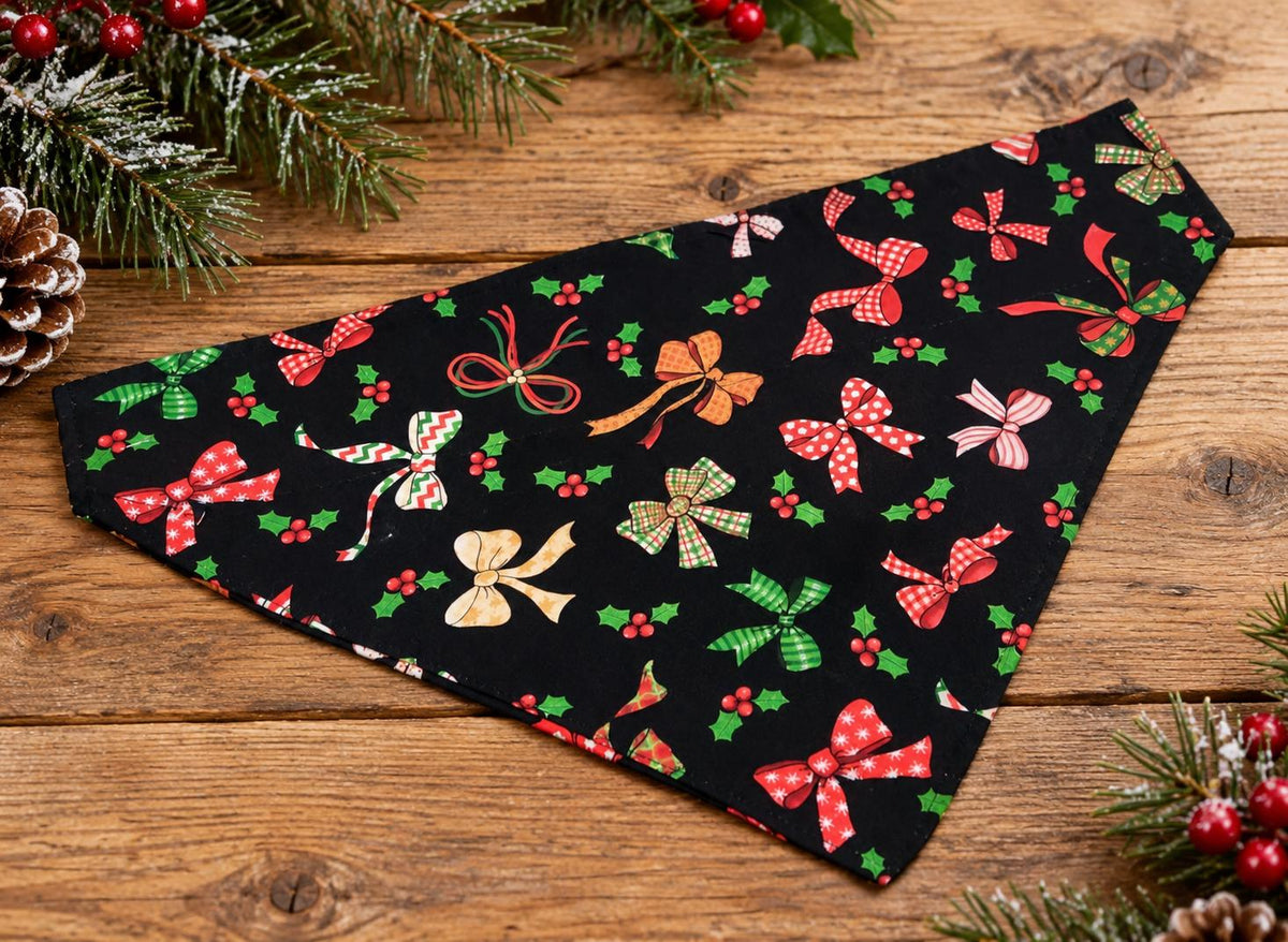 Bowtie Christmas Dog Bandana: Cotton Pet Scarf, Over-the-Collar or Snap, Matching Scrunchies