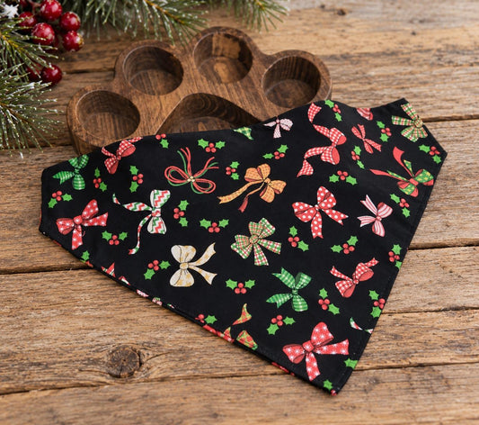 Bowtie Christmas Dog Bandana: Cotton Pet Scarf, Over-the-Collar or Snap, Matching Scrunchies