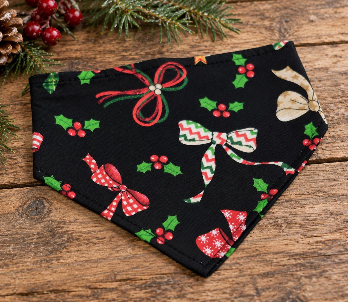 Bowtie Christmas Dog Bandana: Cotton Pet Scarf, Over-the-Collar or Snap, Matching Scrunchies