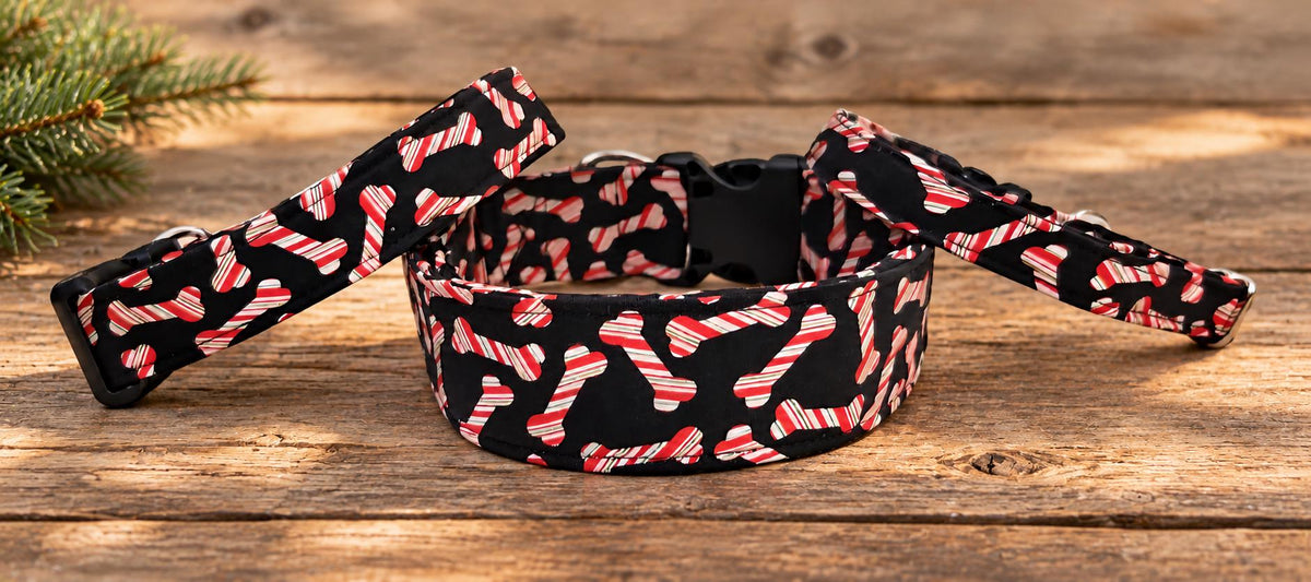 Christmas Peppermint Bone Dog Collar Red and White Striped Bones and Matching Bows