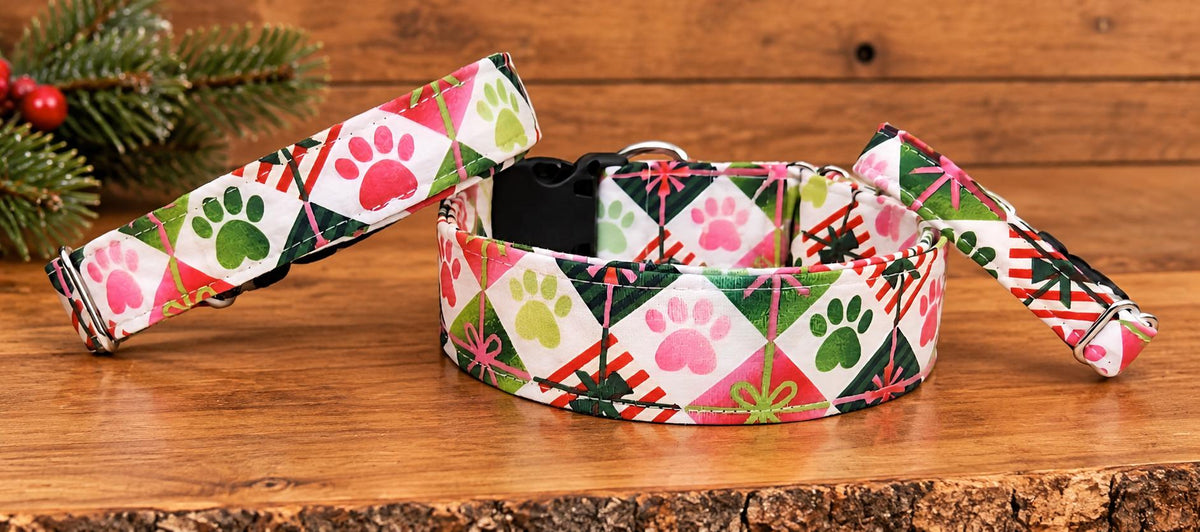 Christmas Paw Present Dog Collar Matching Bows