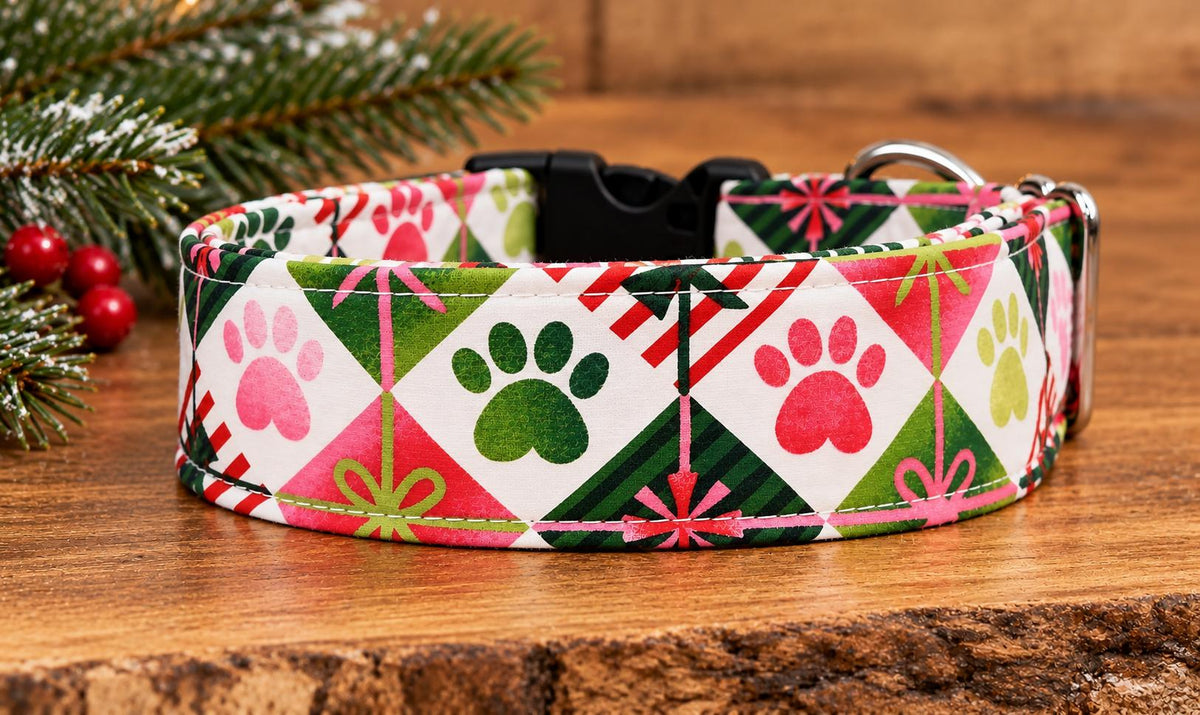 Christmas Paw Present Dog Collar Matching Bows