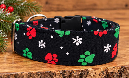 Christmas Paw Dog Collar Red and Green Paws Matching Bows