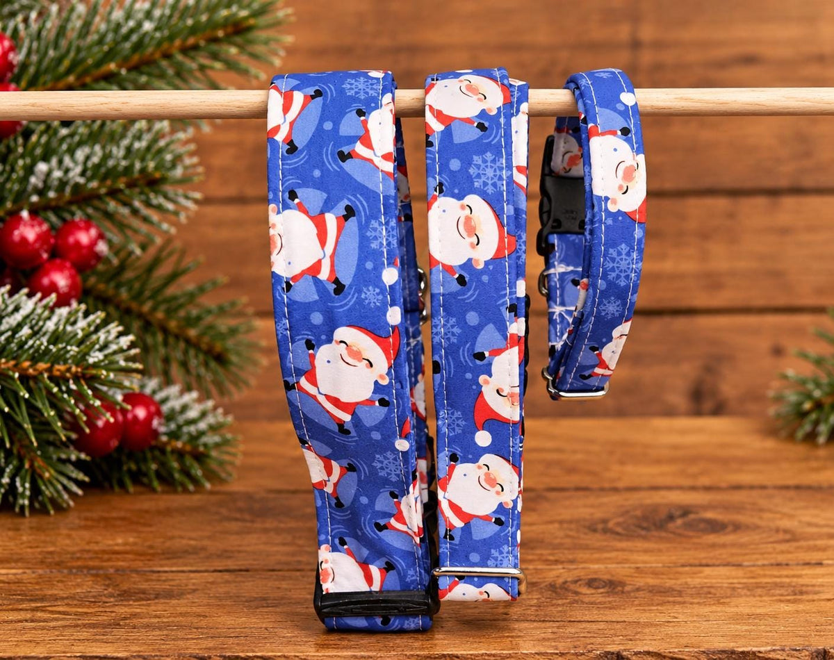 Santa Christmas Dog Collar on Blue Background with Snowflakes with Bows Options