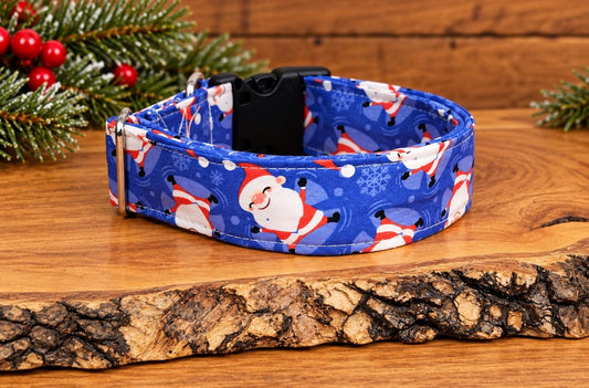 Santa Christmas Dog Collar on Blue Background with Snowflakes with Bows Options