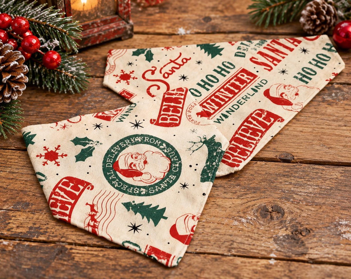 Vintage Santa Christmas Dog Bandana: Cotton Pet Scarf, Over-the-Collar or Snap, Matching Scrunchies