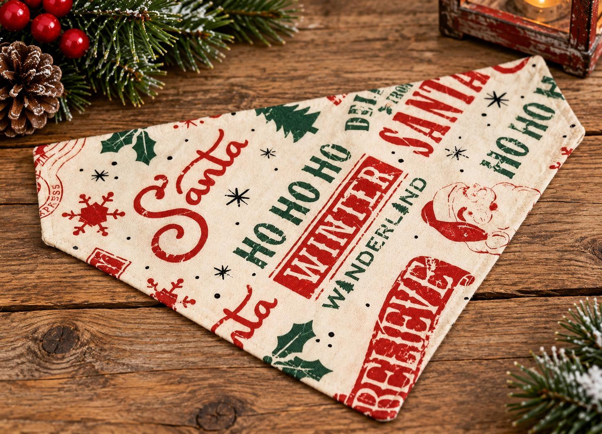 Vintage Santa Christmas Dog Bandana: Cotton Pet Scarf, Over-the-Collar or Snap, Matching Scrunchies