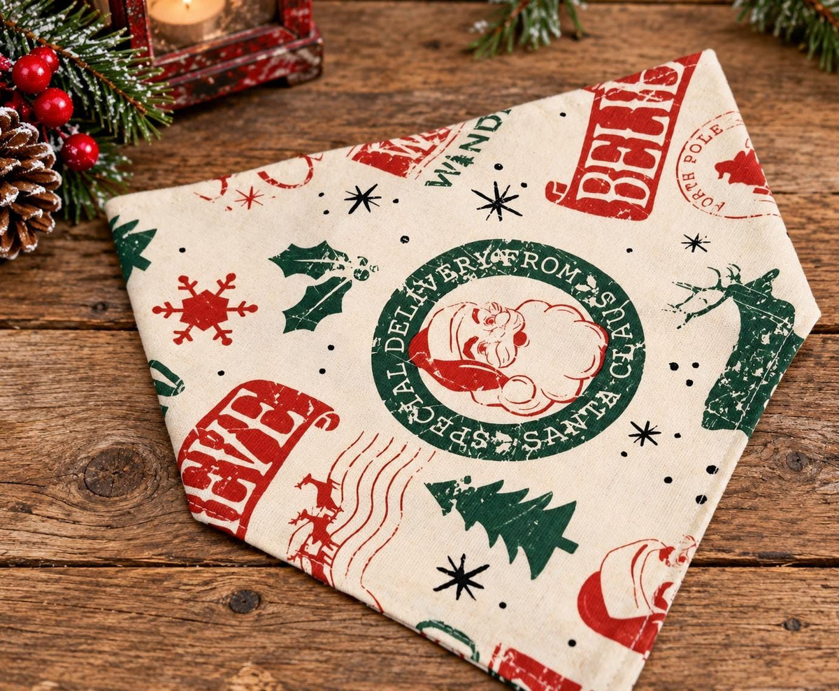 Vintage Santa Christmas Dog Bandana: Cotton Pet Scarf, Over-the-Collar or Snap, Matching Scrunchies