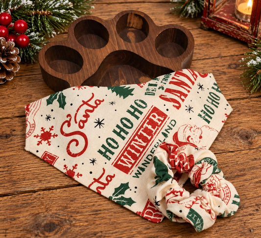 Vintage Santa Christmas Dog Bandana: Cotton Pet Scarf, Over-the-Collar or Snap, Matching Scrunchies