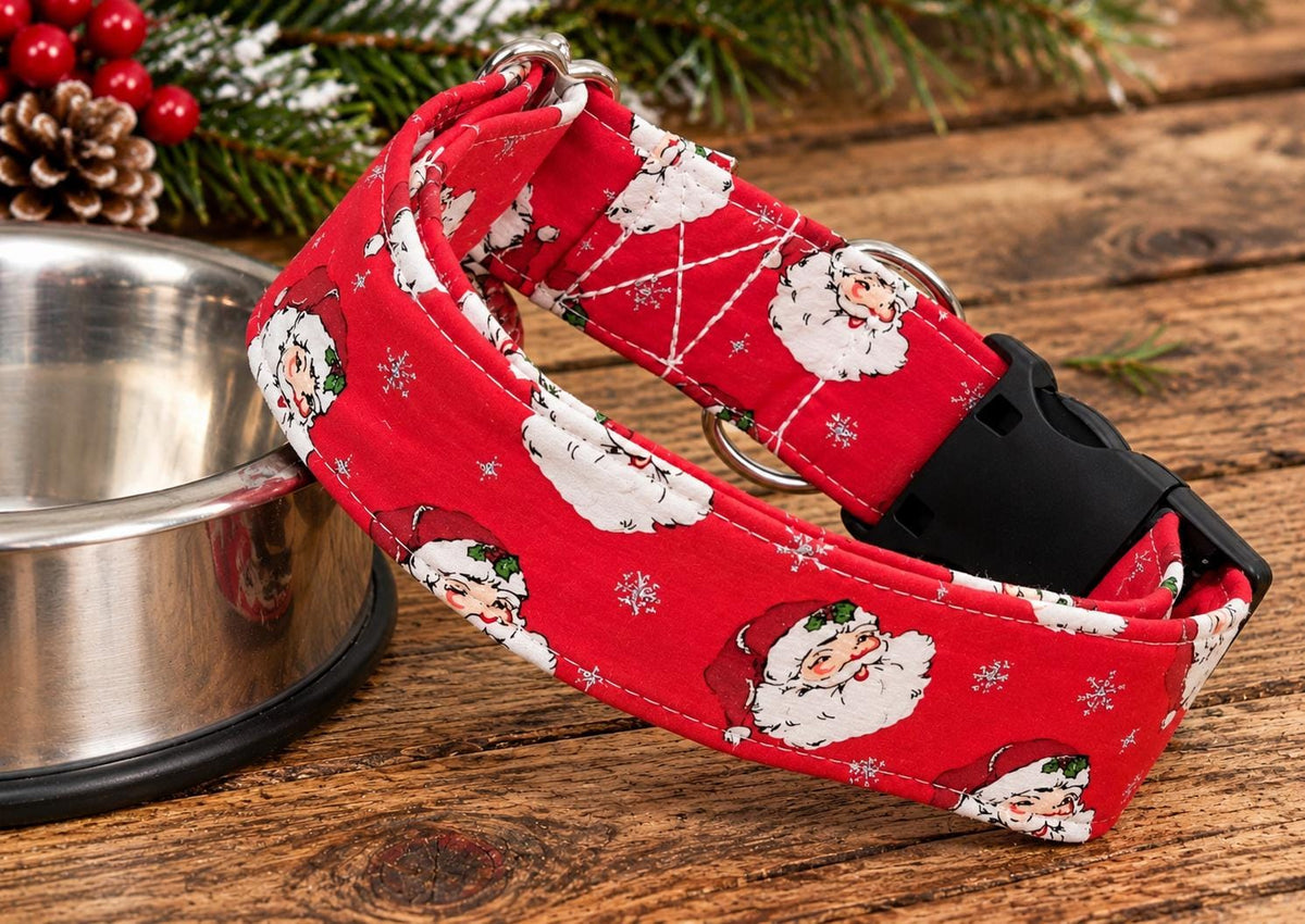 Classic Red Santa Christmas  Dog Collar with Sparkle and Matching Bows