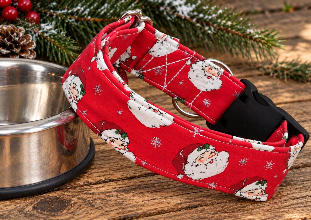 Classic Red Santa Christmas  Dog Collar with Sparkle and Matching Bows
