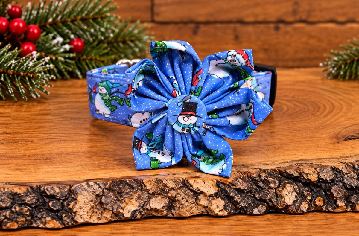 Snowman Christmas Dog Collar on Blue Background with Sparkles with Bows Options