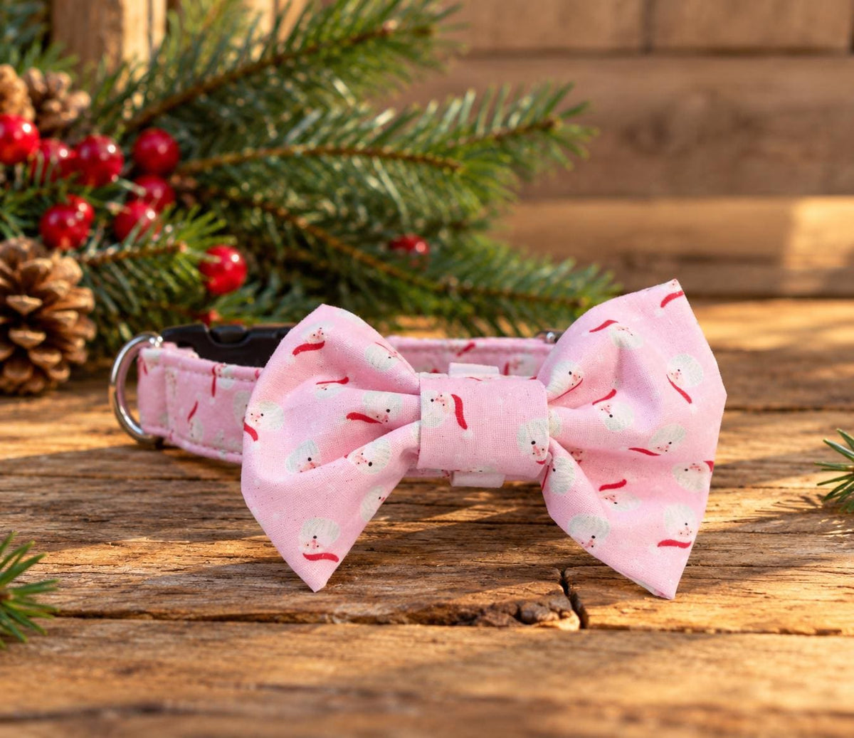 Santa Dog Collar: Tiny Pink Santas on Sparkle Pink Background w Optional Matching Bows
