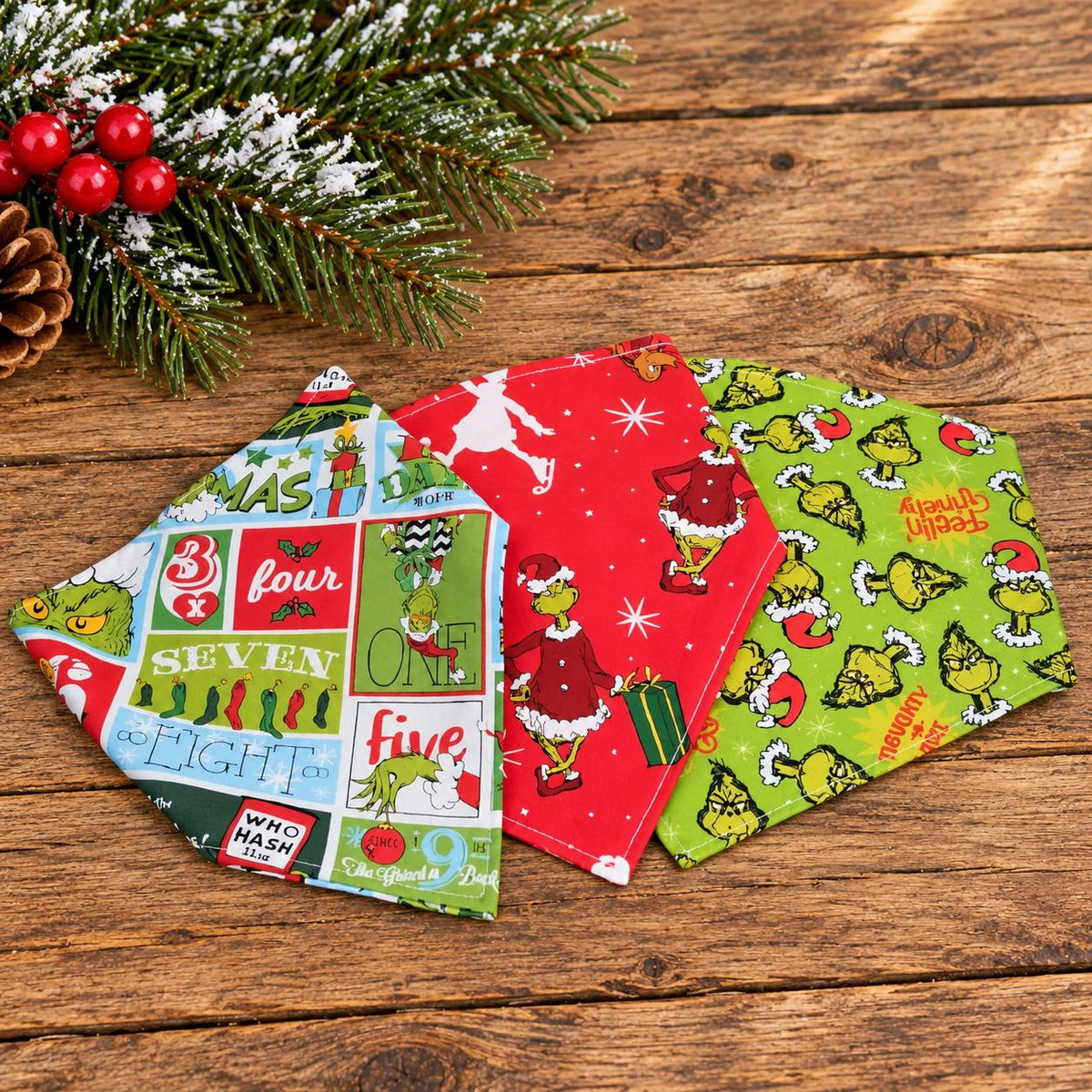 Christmas Grinch Bandana: Grinch Cotton Pet Scarf, Over-the-Collar or Snap, Matching Scrunchies (3 Different Patterns)
