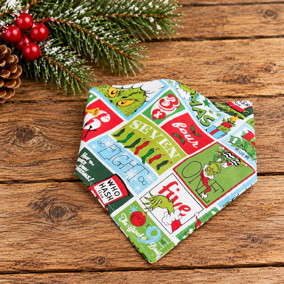 Christmas Grinch Bandana: Grinch Cotton Pet Scarf, Over-the-Collar or Snap, Matching Scrunchies (3 Different Patterns)