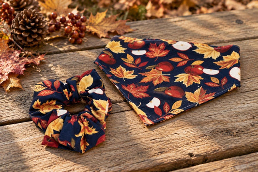 Fall Apple Dog Bandana: Reversible Cotton Pet Scarf (Optional Scrunchie)